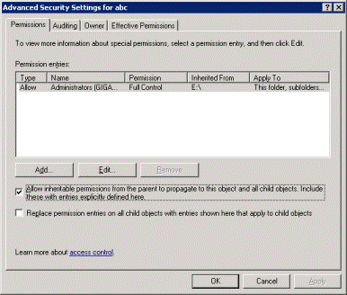 Screenshot of Breaking Inheritance in Windows Server 2003