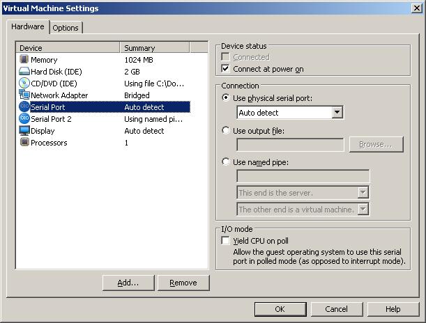 VMWare setting of Linux VM - Serial Port 1 (screenshot)