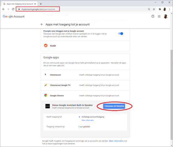 Remove Sonos Permissions in your Google account